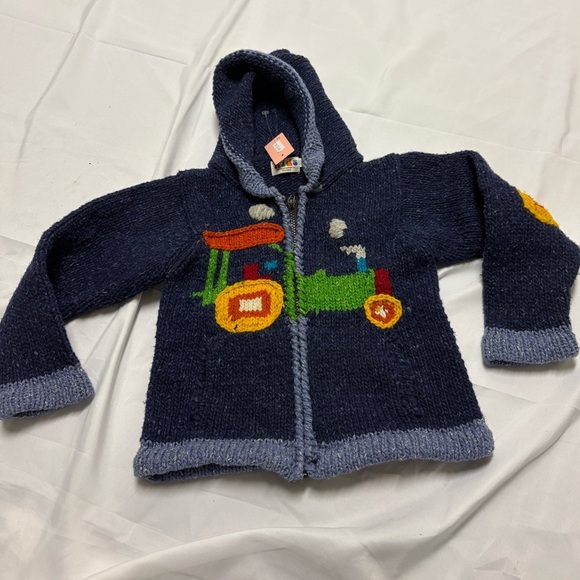 2/$20 Handmade Boys 4 Wool Sweater Full Zip Hooded Train Choo Blue Chunky Knit - Picture 2 of 9